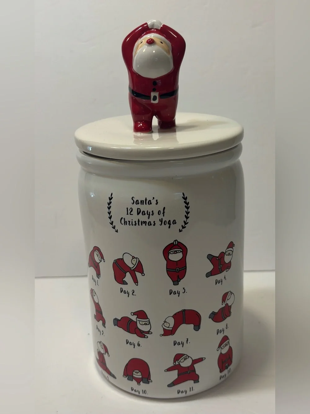 Magenta White Ceramic Santa Yoga Holiday Cookie Jar with Red Accents